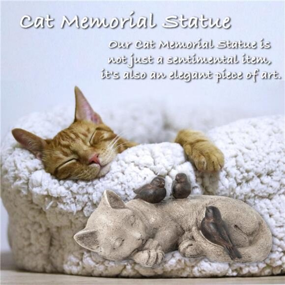 Sleeping Cat Garden Statues Outdoor- 12"Sparrows On Cat Figurine Memorial Statue - Picture 4 of 7